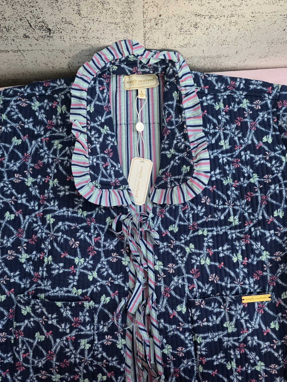 Simply Southern Navy Floral Quilted Button-Down with Striped Ruffle TIE FRONT